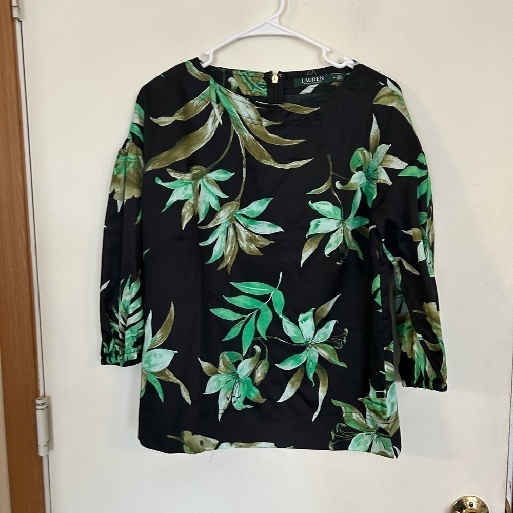 Lauren, by Ralph Lauren, medium black and green tropical blouse pop over